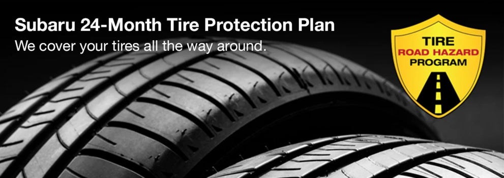 Subaru tire with 24-Month Tire Protection and road hazard program logo. | Dellenbach Subaru in Fort Collins CO