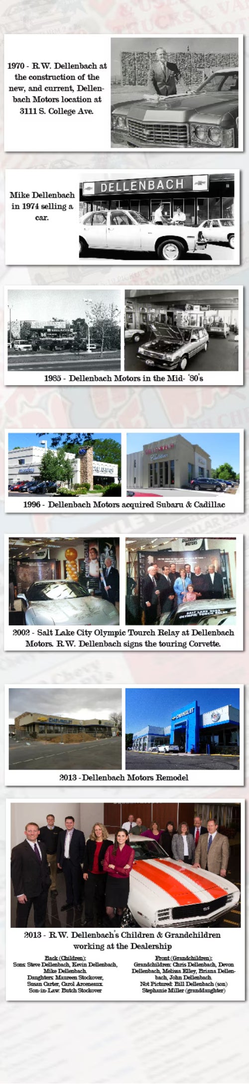 A timeline of Dellenbach Motors' history from 1970 to 2013, with images of family and dealerships.